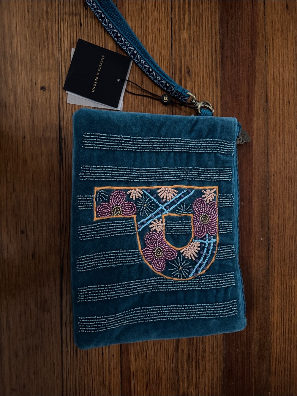 America & Beyond Teal Embroidered Velvet Wristlet